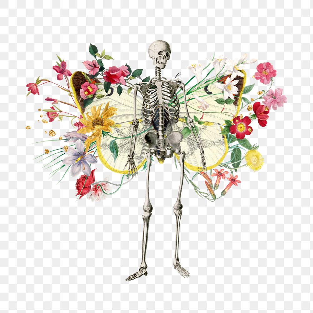 Floral skeleton png sticker, mixed media editable design