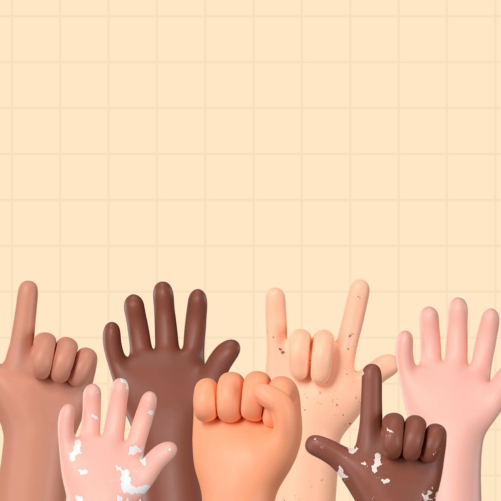 Diverse raising hands background, 3D rendering, editable design