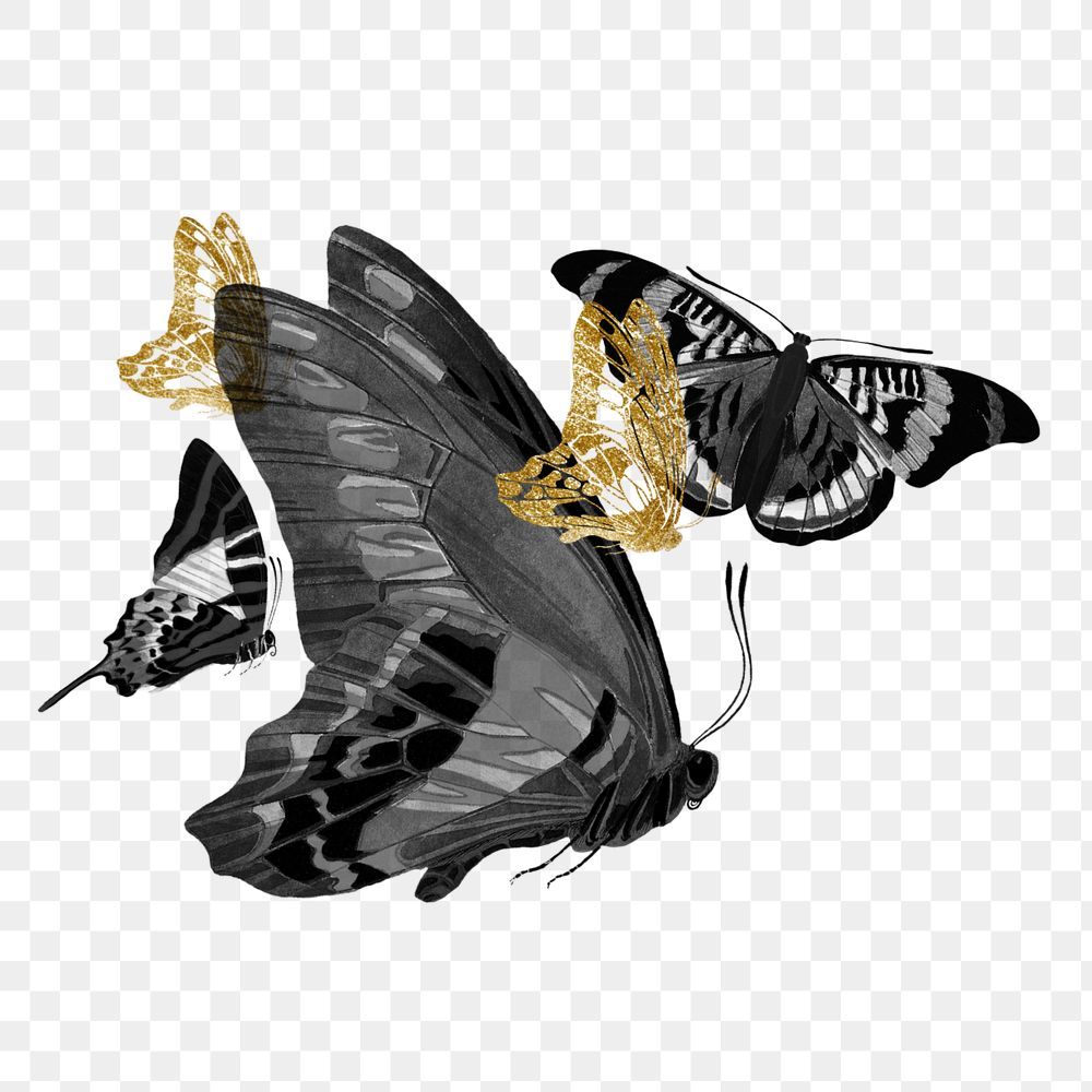 Glittery butterfly clipart, editable aesthetic black design, remixed from the artwork of E.A. Séguy