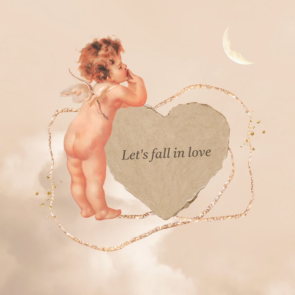 Cupid paper heart, let's fall in love quote, editable design