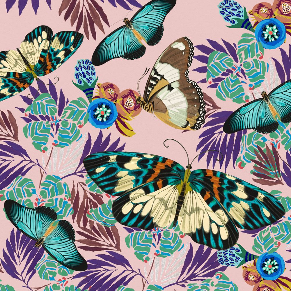 Exotic butterfly patterned background, editable vintage botanical design, remixed from the artwork of E.A. Séguy