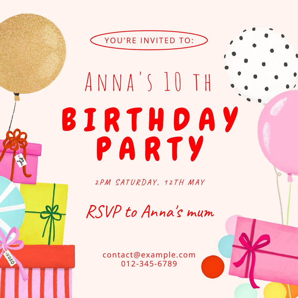 Birthday invitation Instagram post template, editable digital painting remix