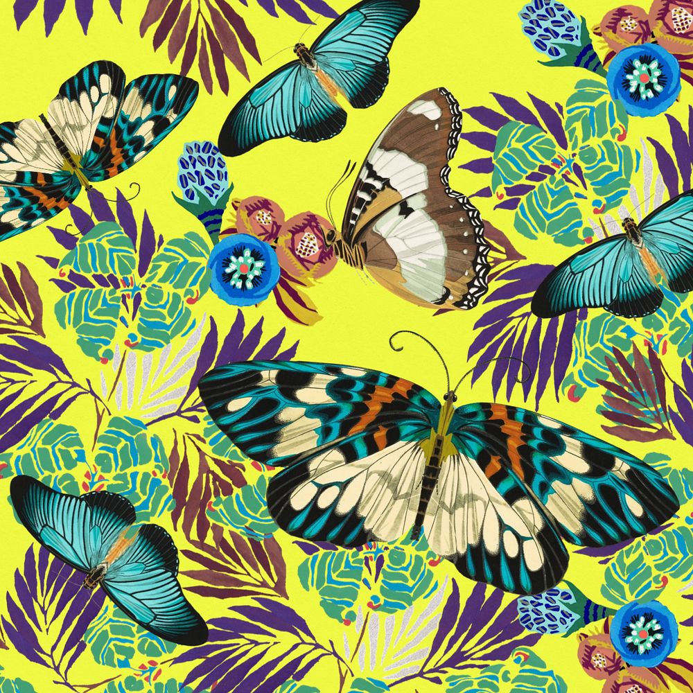 Exotic botanical patterned background, editable vintage butterfly design, remixed from the artwork of E.A. Séguy