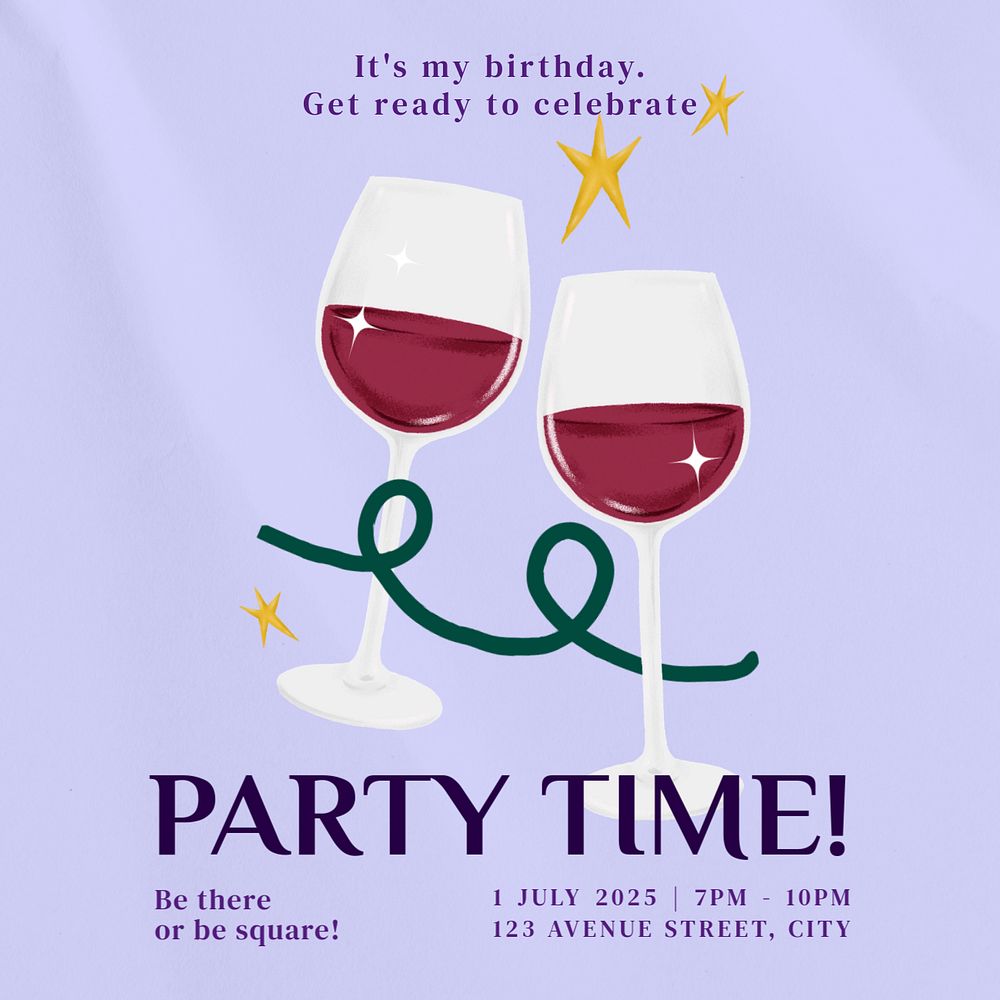 Birthday party Instagram post template, editable digital painting remix