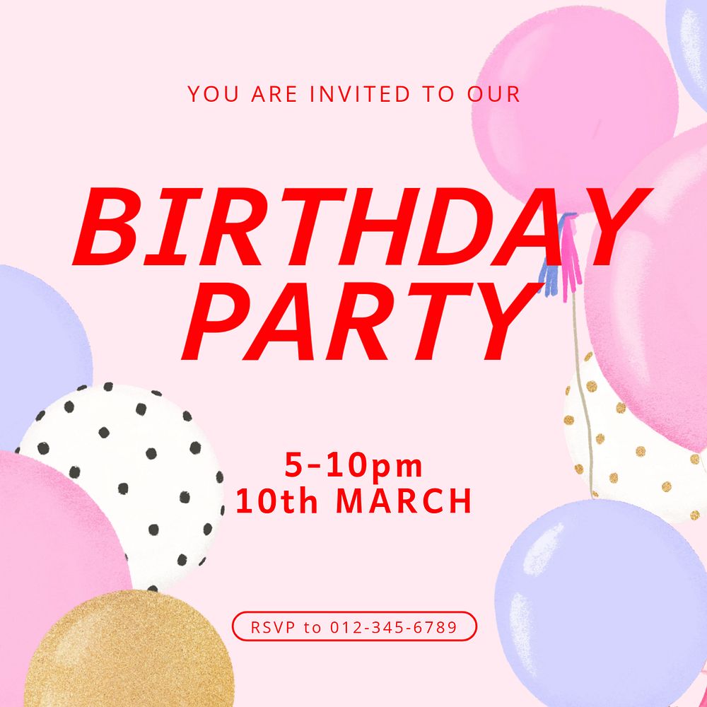 Birthday party Instagram post template, editable digital painting remix