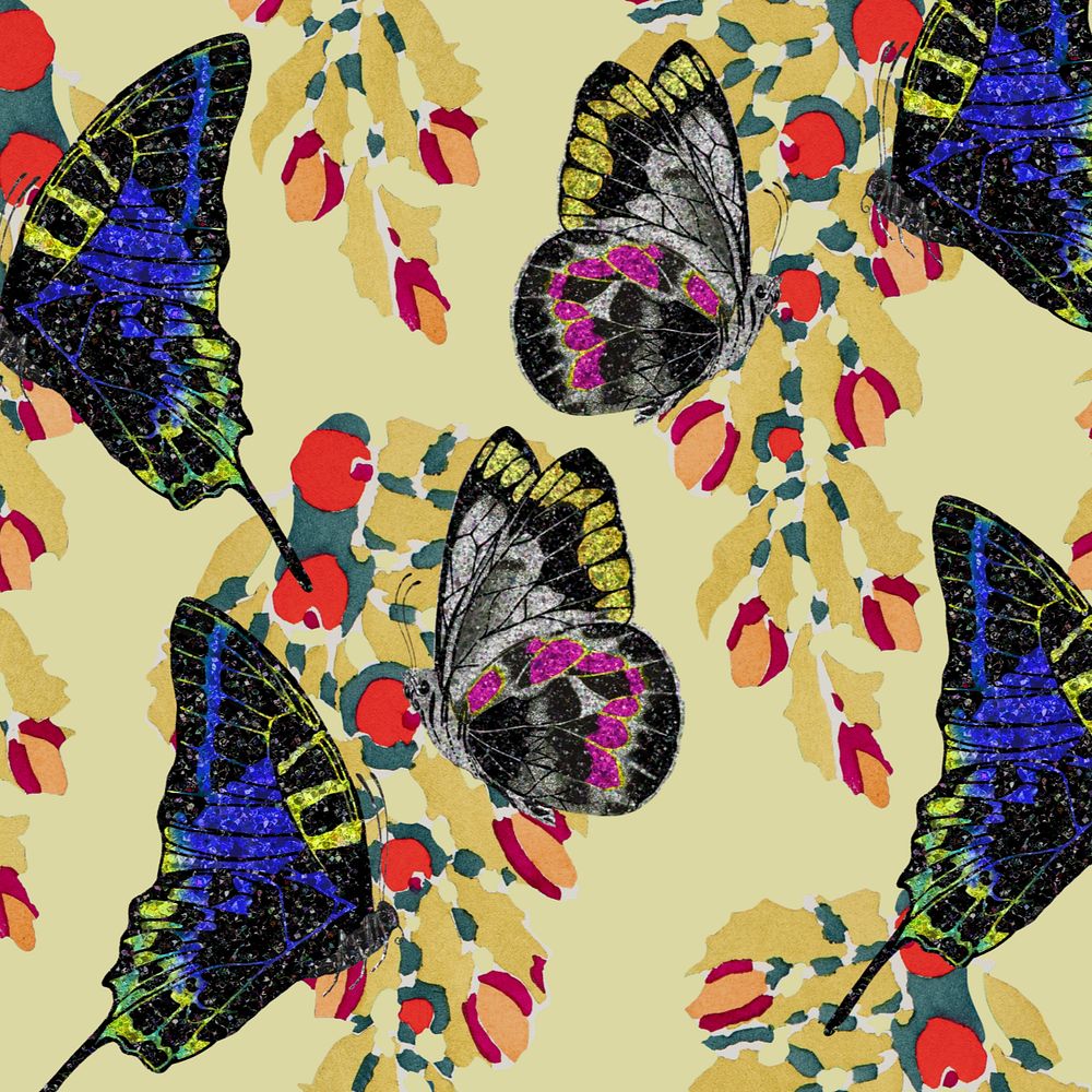 Vintage botanical butterfly background, editable pattern, remixed from the artwork of E.A. Séguy