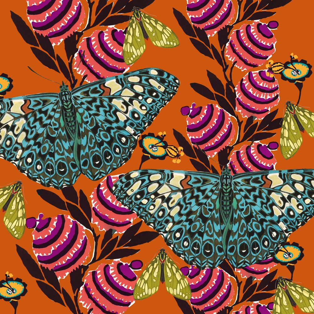 Exotic botanical butterfly background, editable vintage pattern, remixed from the artwork of E.A. Séguy