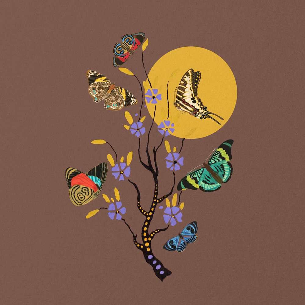 Botanical butterfly clipart, tree branch remix by rawpixel