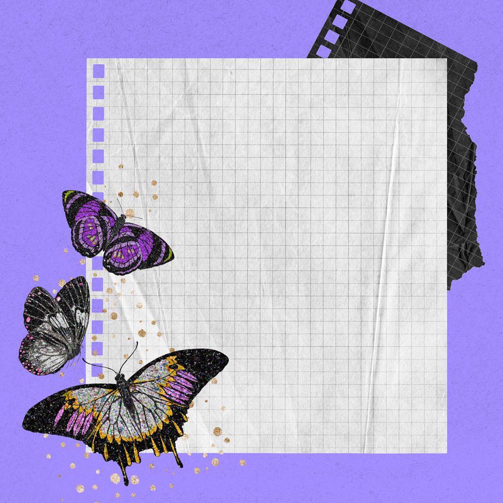 Aesthetic note paper background, editable E.A. Séguy's butterfly, remixed by rawpixel