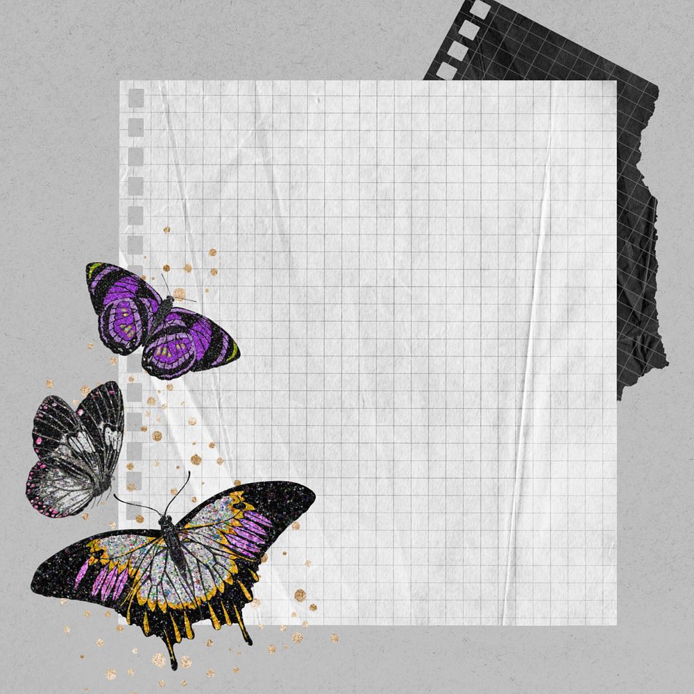 Aesthetic note paper background, editable E.A. Séguy's butterfly, remixed by rawpixel