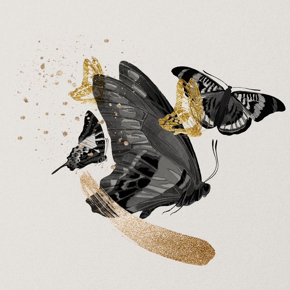 Glittery butterfly clipart, editable aesthetic black design, remixed from the artwork of E.A. Séguy