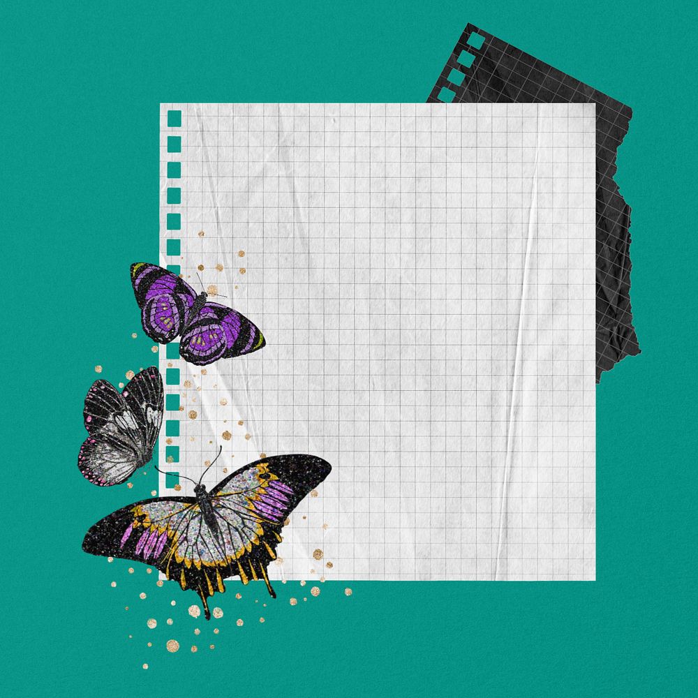 Aesthetic note paper background, editable E.A. Séguy's butterfly illustration, remixed by rawpixel