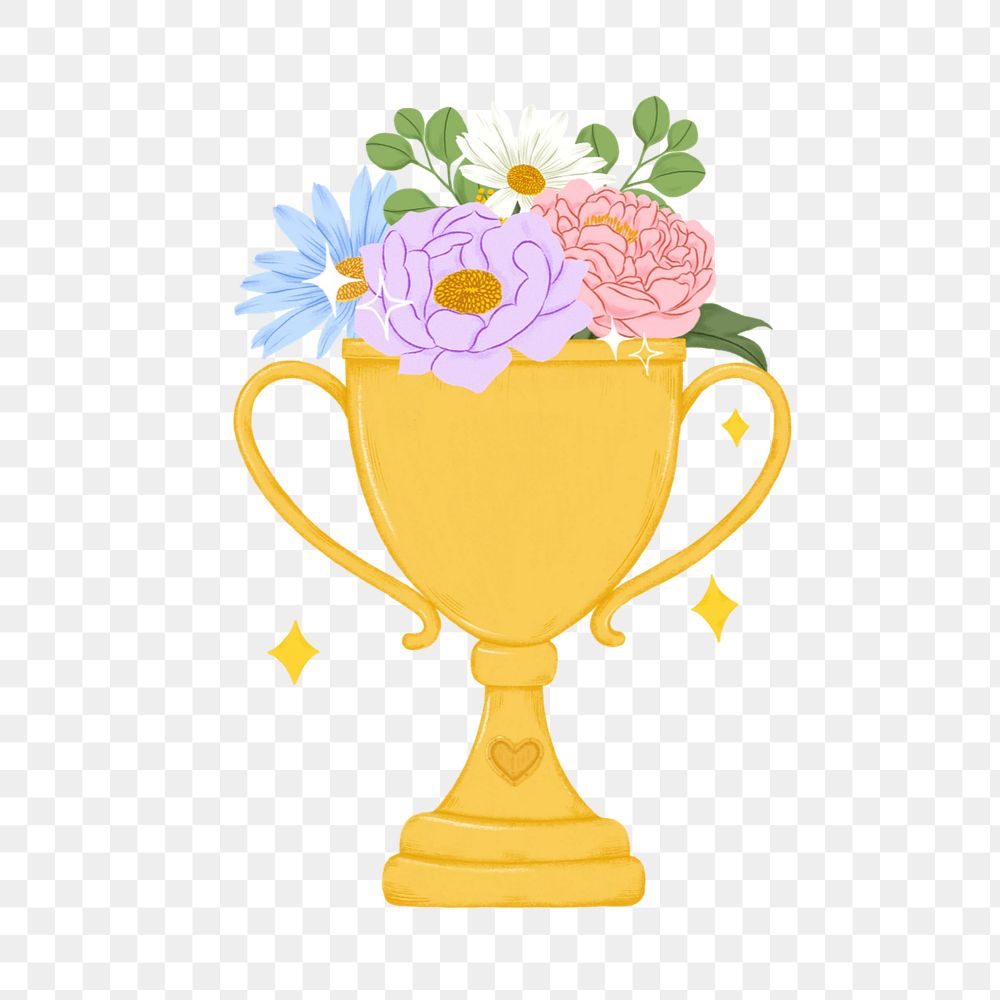 Gold trophy with flowers clipart, editable celebration digital painting remix