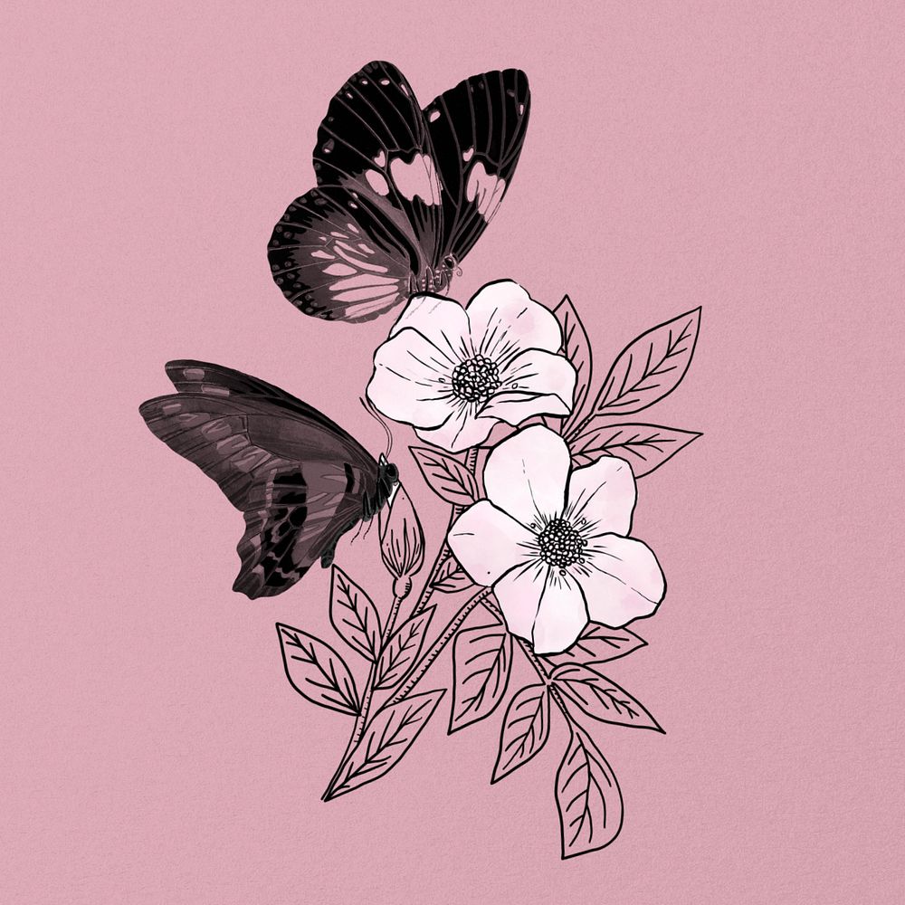 Vintage butterfly clipart, aesthetic flower illustration, remixed by rawpixel