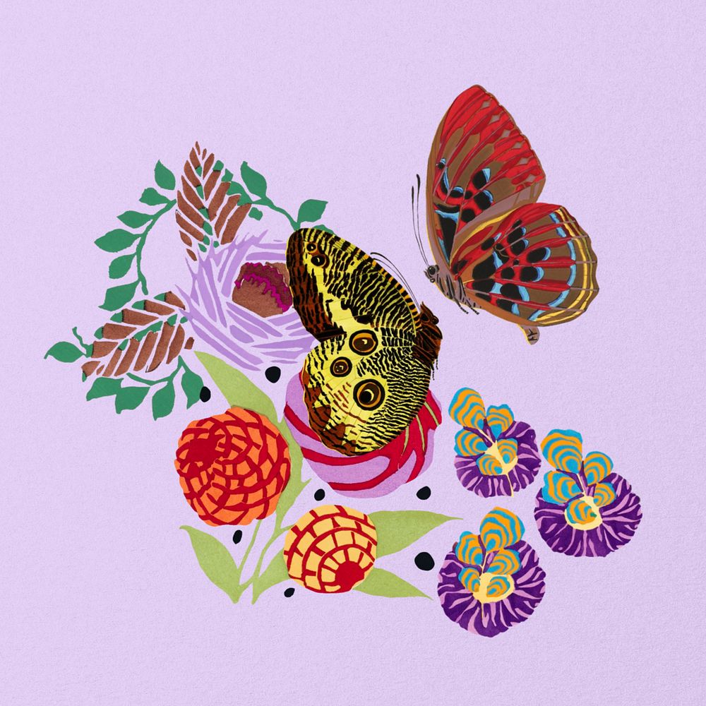 Art deco butterfly clipart, editable vintage flower illustration, remixed by rawpixel