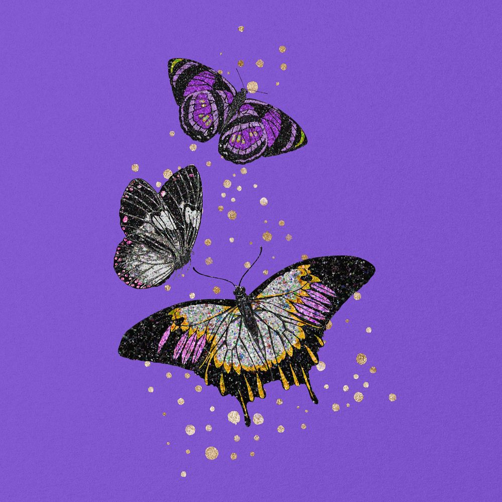 Sparkly flying butterflies clipart, aesthetic design, remixed by rawpixel