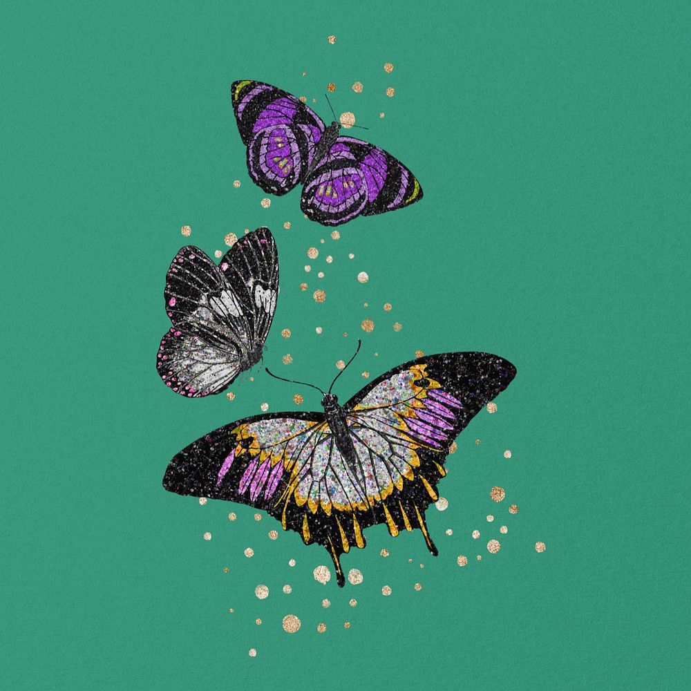 Sparkly flying butterflies clipart, aesthetic design, remixed by rawpixel