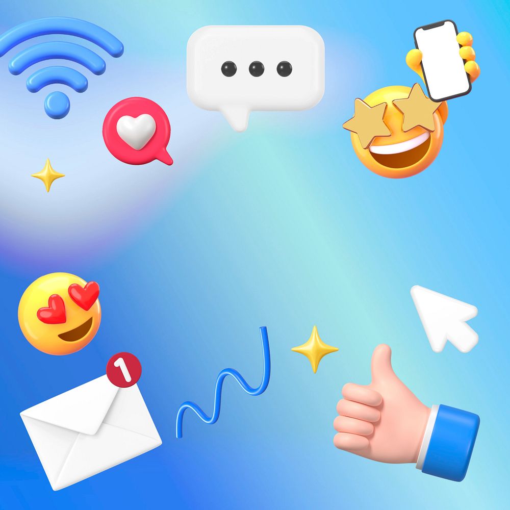 Online marketing blue background, 3D emoji