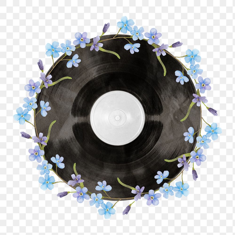 Floral vinyl record element, editable music aesthetic collage design