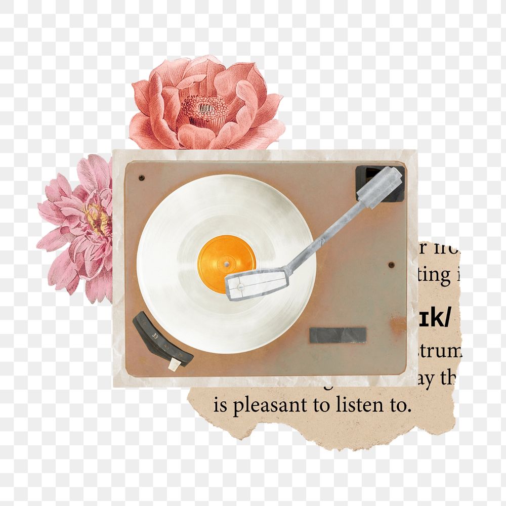 Vinyl record player element, vintage music floral aesthetic collage design