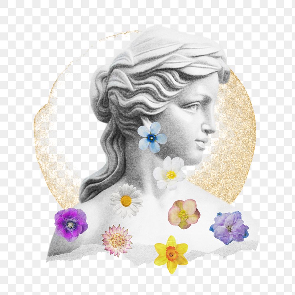 Feminine Greek sculpture sticker, editable flower collage element remix design