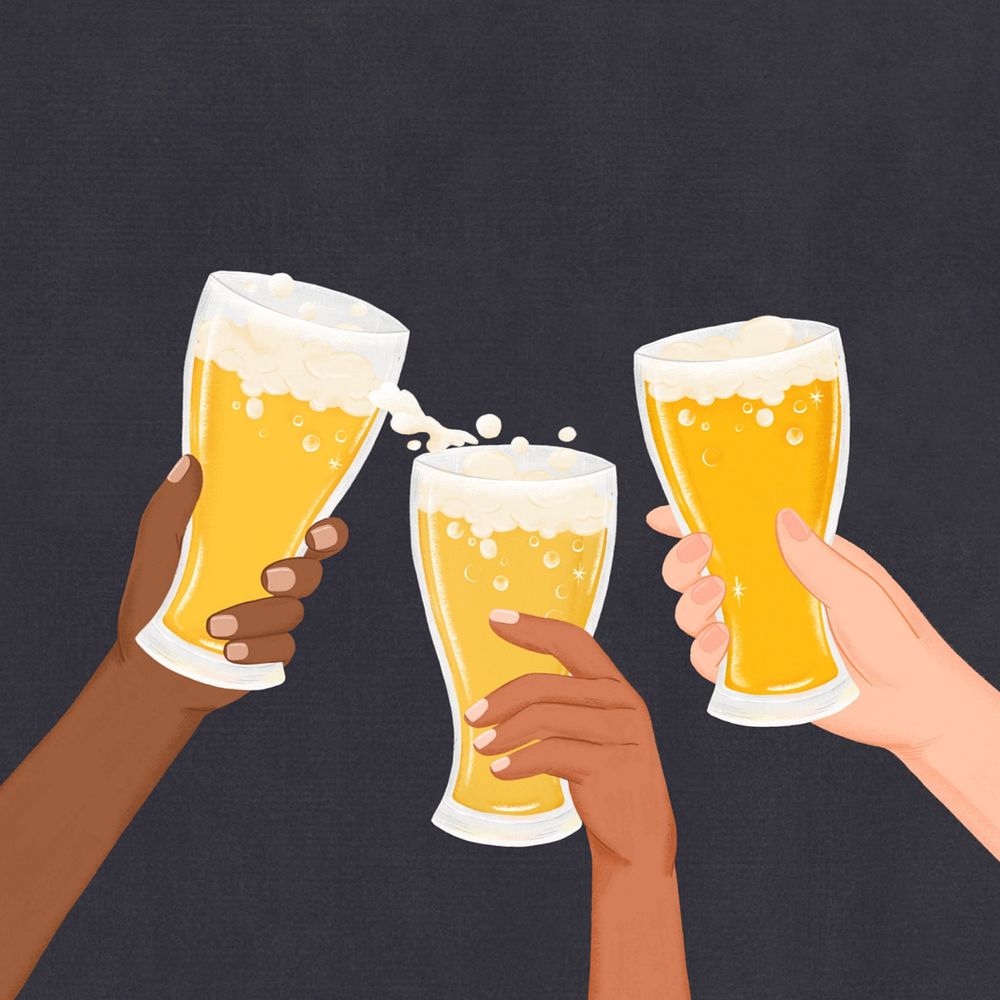 Clinking beer glasses, editable aesthetic New Year digital painting remix