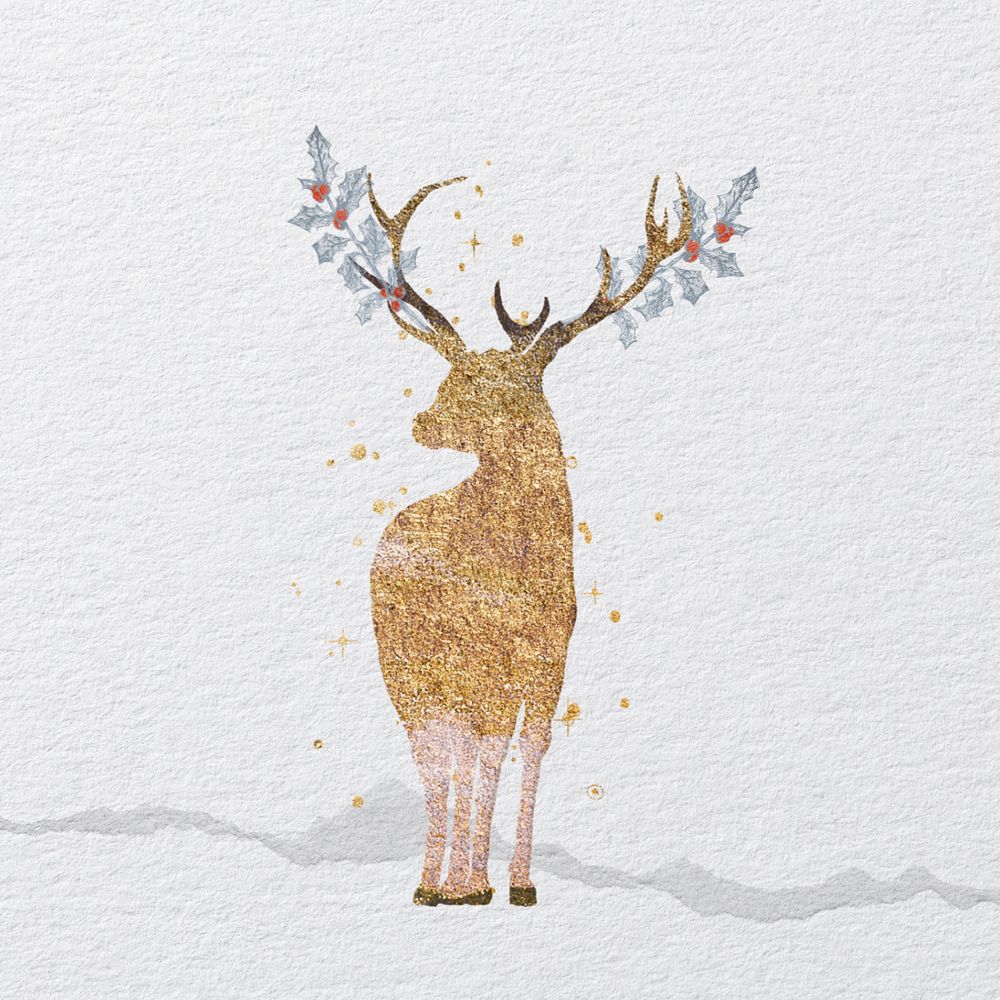 Editable gold glitter stag, collage design