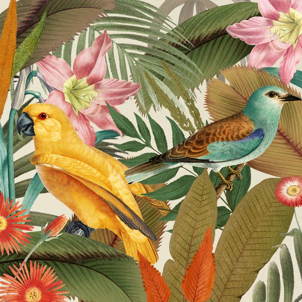 Exotic birds pattern background, jungle illustration, editable design