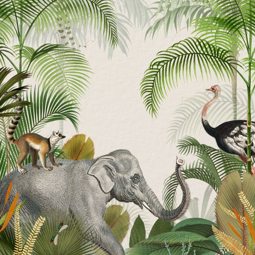 Vintage jungle elephant background, wild animal illustration, editable design