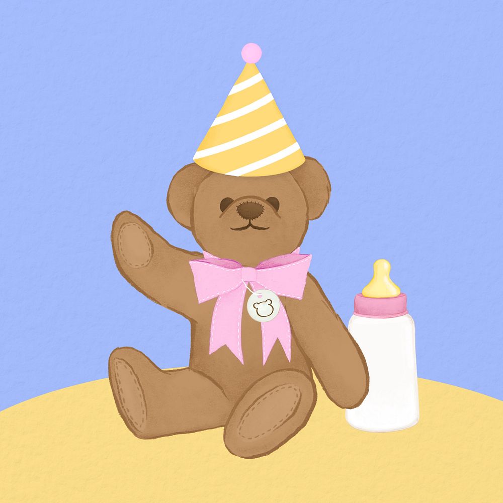 Teddy bear with party hat, editable celebration digital painting remix