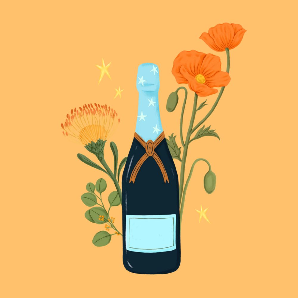 Champagne bottle with flowers, editable party digital painting remix