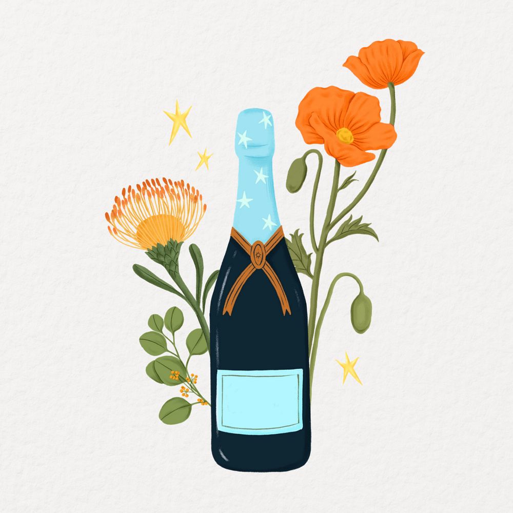 Champagne bottle with flowers clipart, editable festive digital painting remix