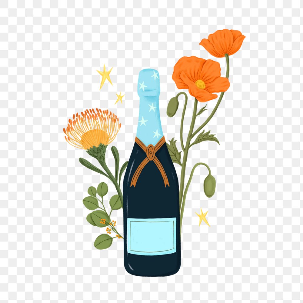 Wine bottle with flowers clipart, editable celebration digital painting remix