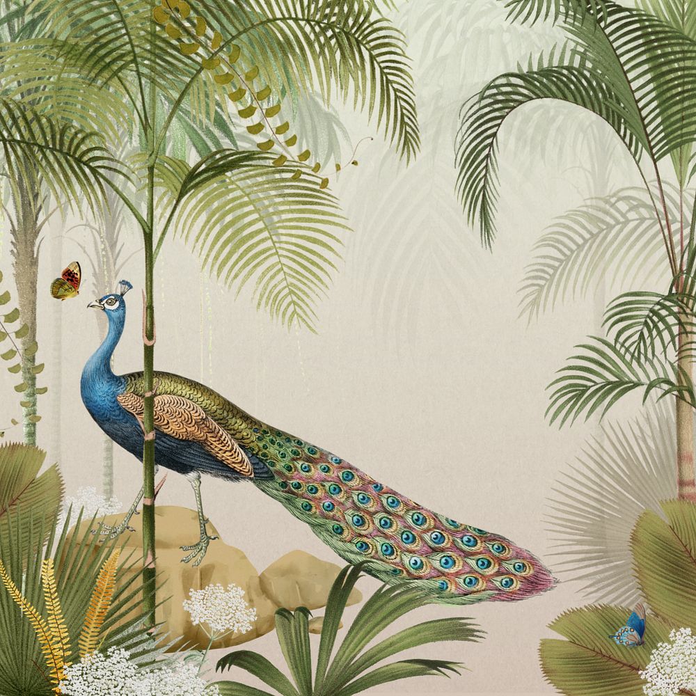 Jungle peacock bird background, vintage palm trees, editable design