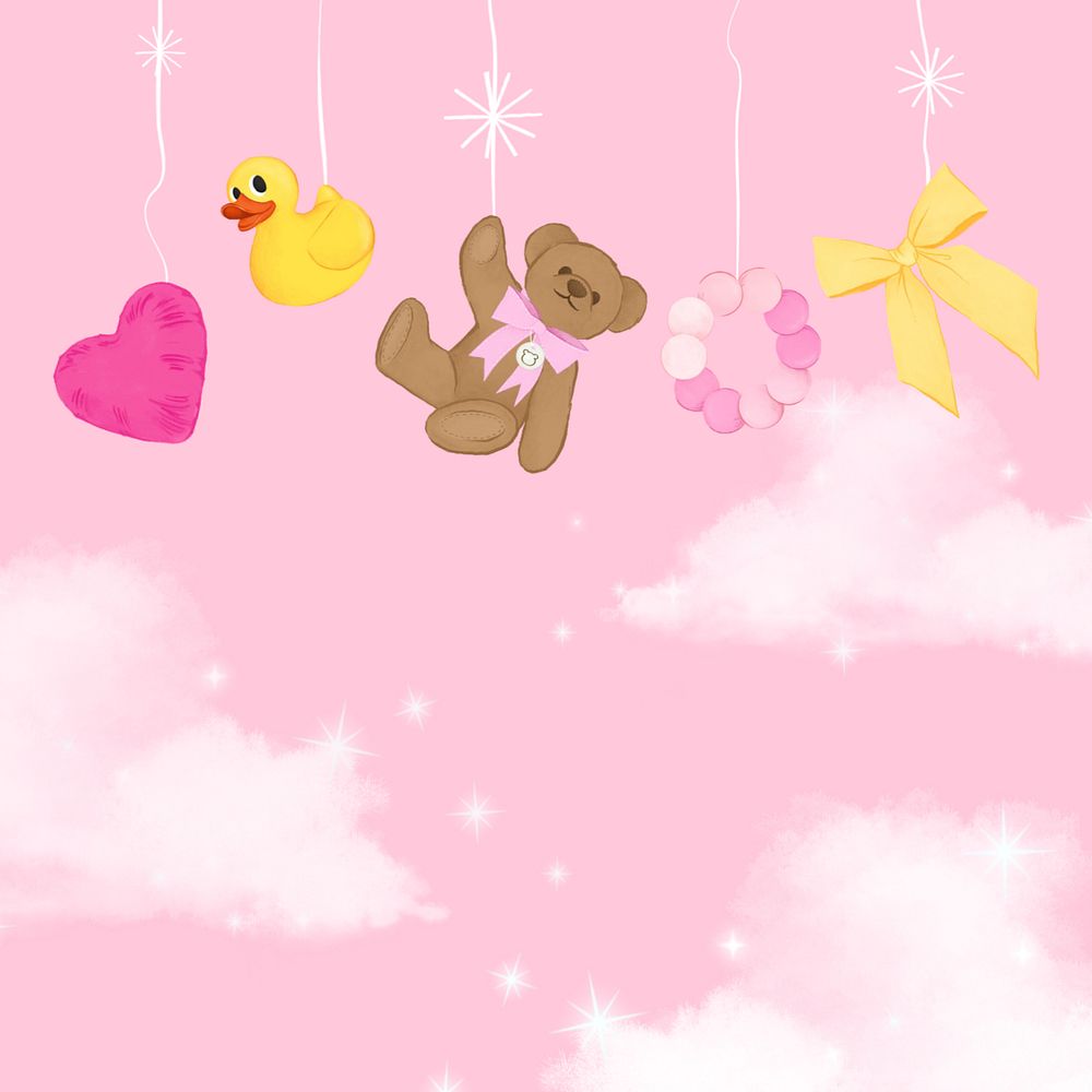 Kids' toys border, pink sky, editable digital painting remix