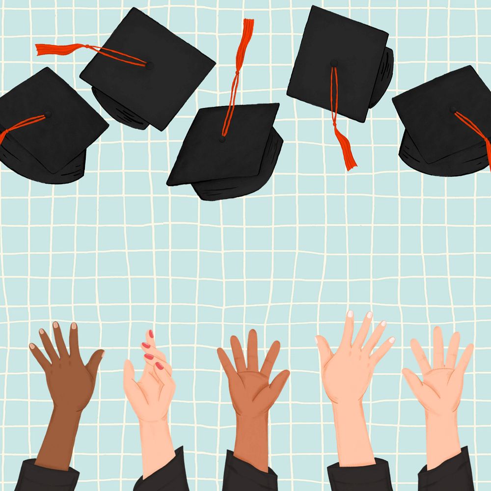 Graduation caps border, grid background, editable digital painting remix