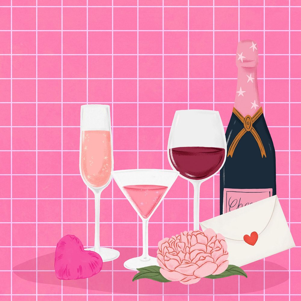 Pink Valentine's dating drinks, editable aesthetic party digital painting remix