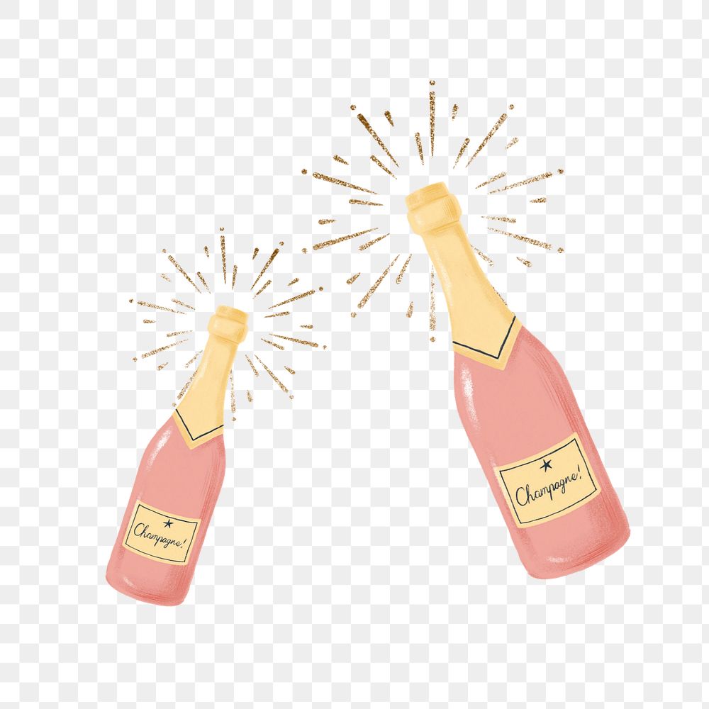 Rose champagne bottles clipart, editable celebration digital painting remix