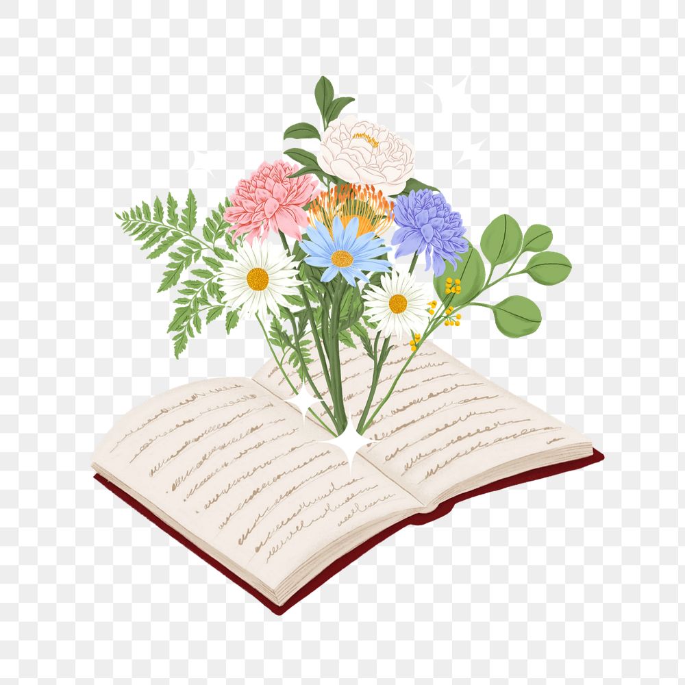 Opened book with flowers clipart, editable festive digital painting remix