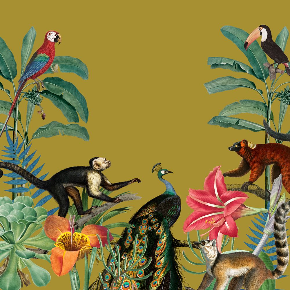 Vintage jungle animal background, wildlife border, editable design