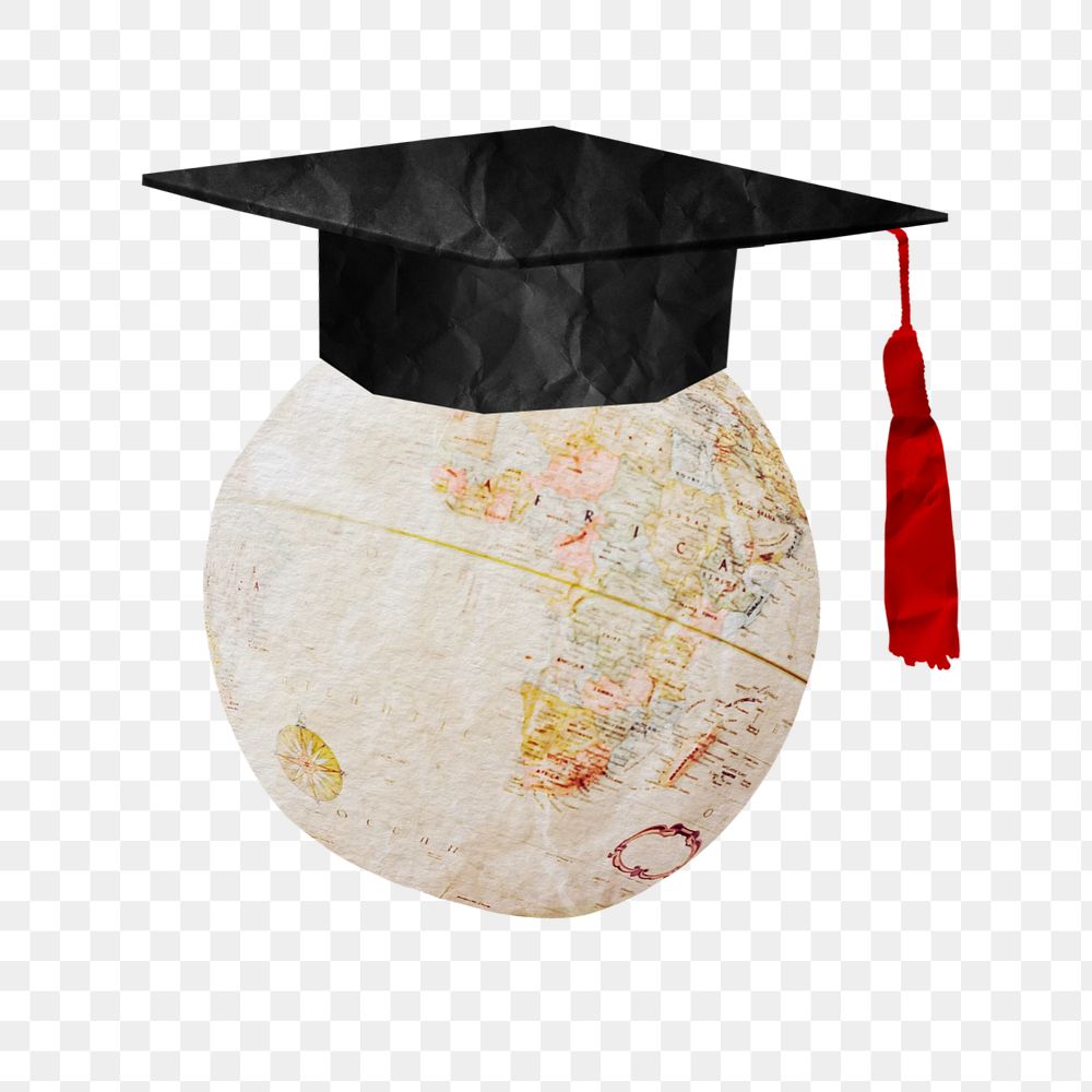 Graduation cap globe, editable education paper collage element