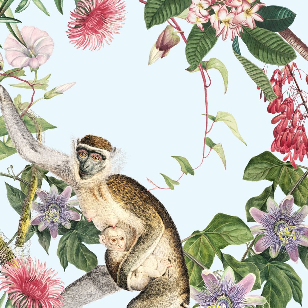 Vintage floral monkey background, jungle illustration, editable design