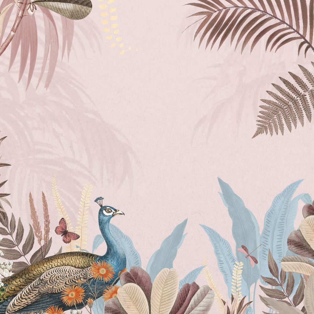 Pink aesthetic peacock background, botanical border, editable design