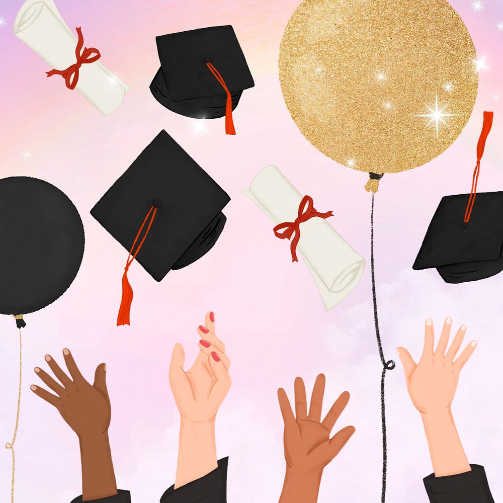 Aesthetic pink graduation party, editable digital painting remix