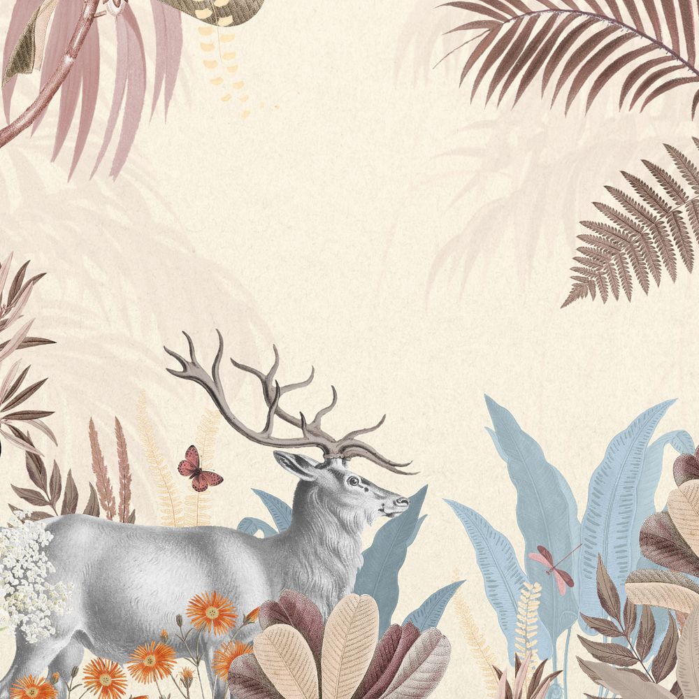 Aesthetic elk wildlife background, botanical border, editable design