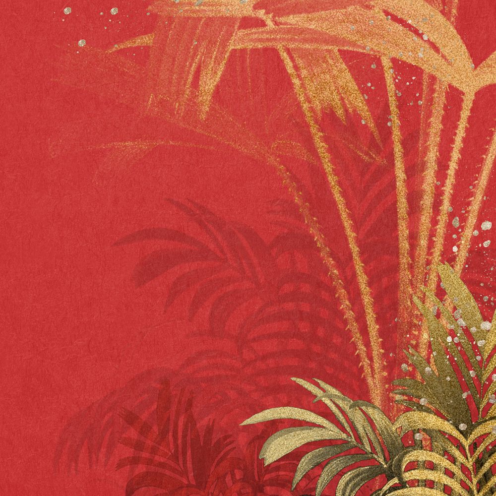 Gold palm leaf background, botanical border red, editable design