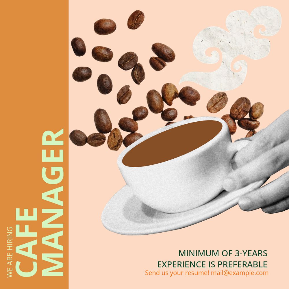 Cafe manager job Instagram post template, editable social media design