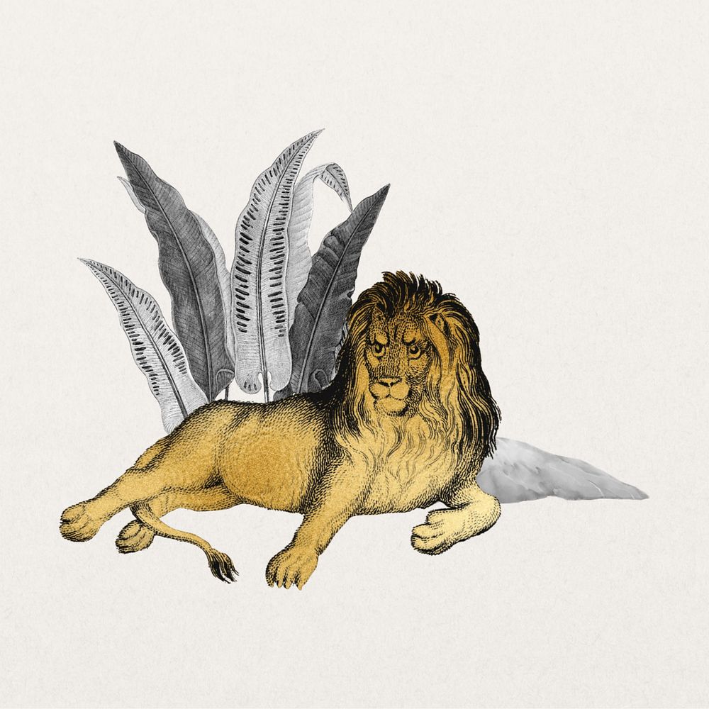 Golden lion sticker, botanical and wildlife remix, editable design