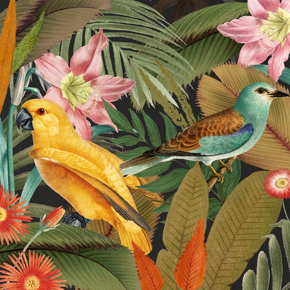 Exotic birds pattern background, jungle illustration, editable design