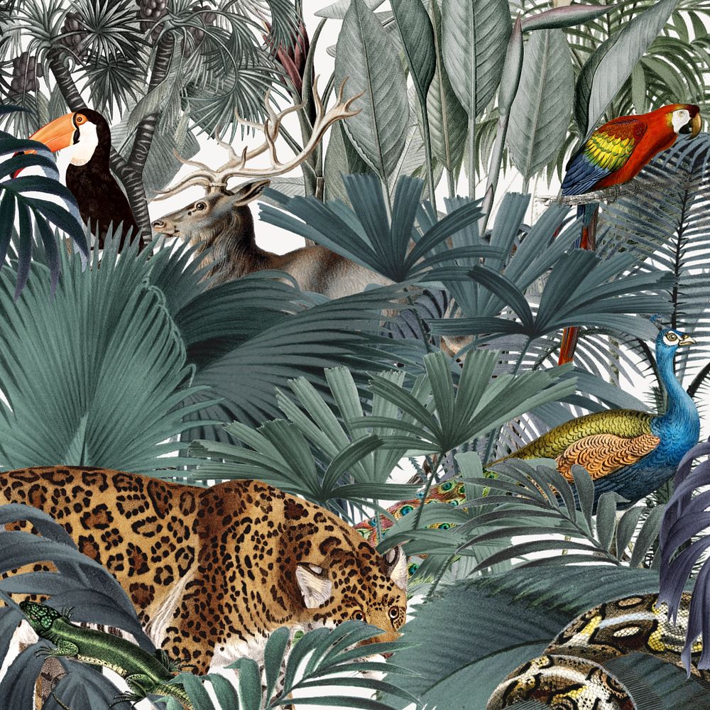 Vintage wildlife pattern background, jungle animal illustration, editable design